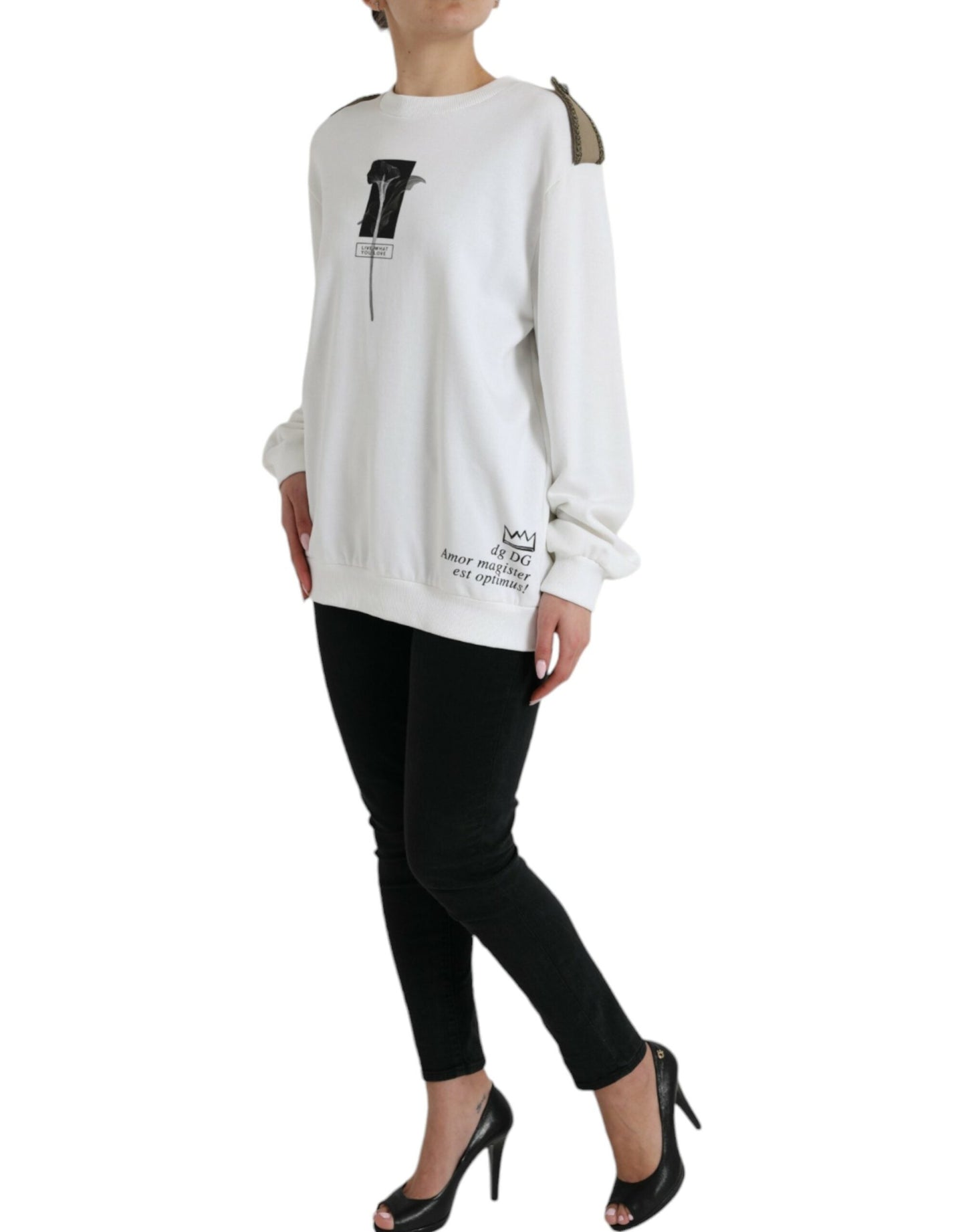 Dolce & Gabbana White Floral Cotton Crew Neck Pullover Women's Sweater