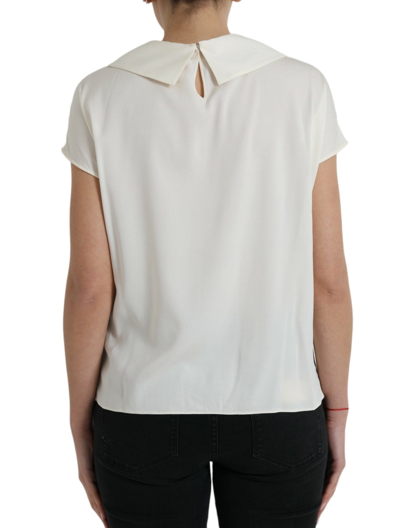 Dolce & Gabbana Off White Silk Lace Trim Short Sleeves Women's Top
