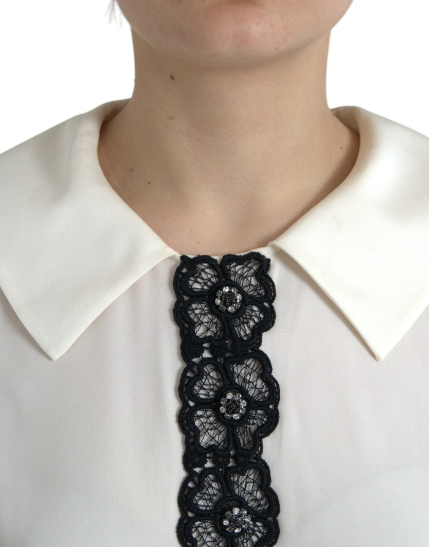 Dolce & Gabbana Off White Silk Lace Trim Short Sleeves Women's Top