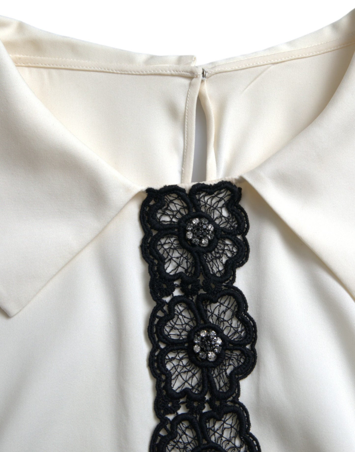 Dolce & Gabbana Off White Silk Lace Trim Short Sleeves Women's Top