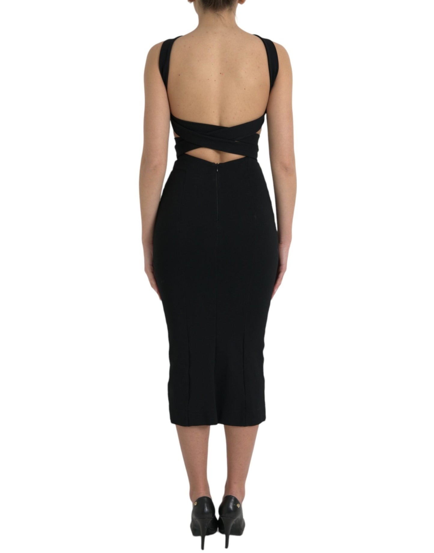 Dolce & Gabbana Black Sheath Halter Sleeveless Midi Women's Dress