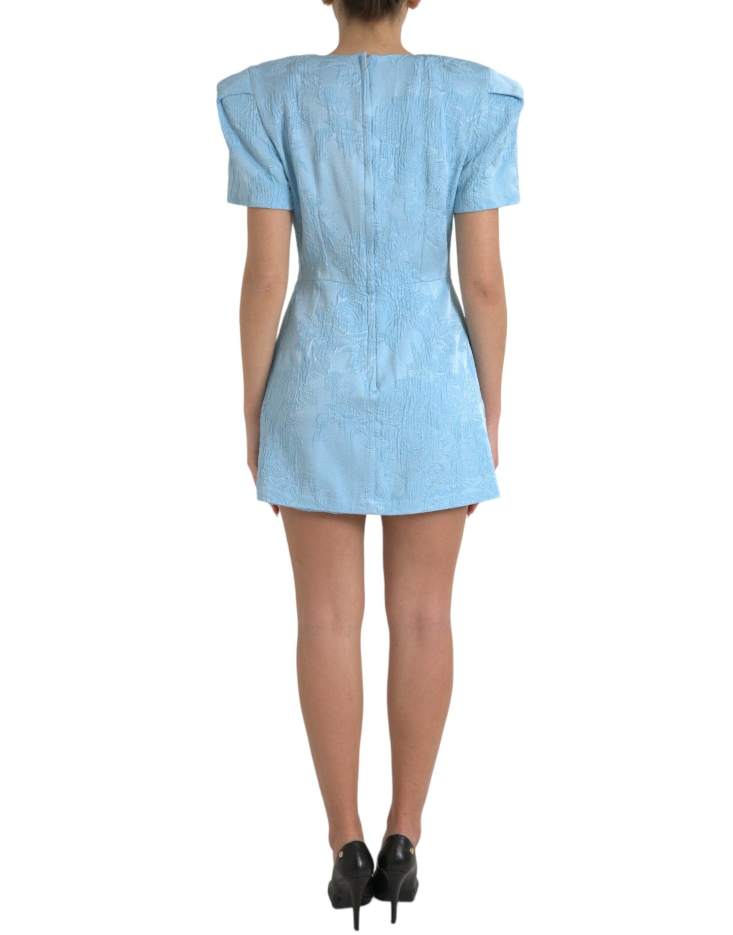 Dolce & Gabbana Light Blue Floral Jacquard Puff Sleeve Mini Women's Dress
