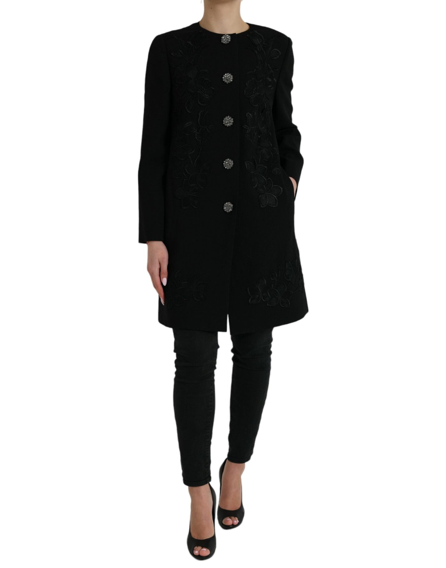 Dolce & Gabbana Black Floral Wool Button Embellished Women's Jacket