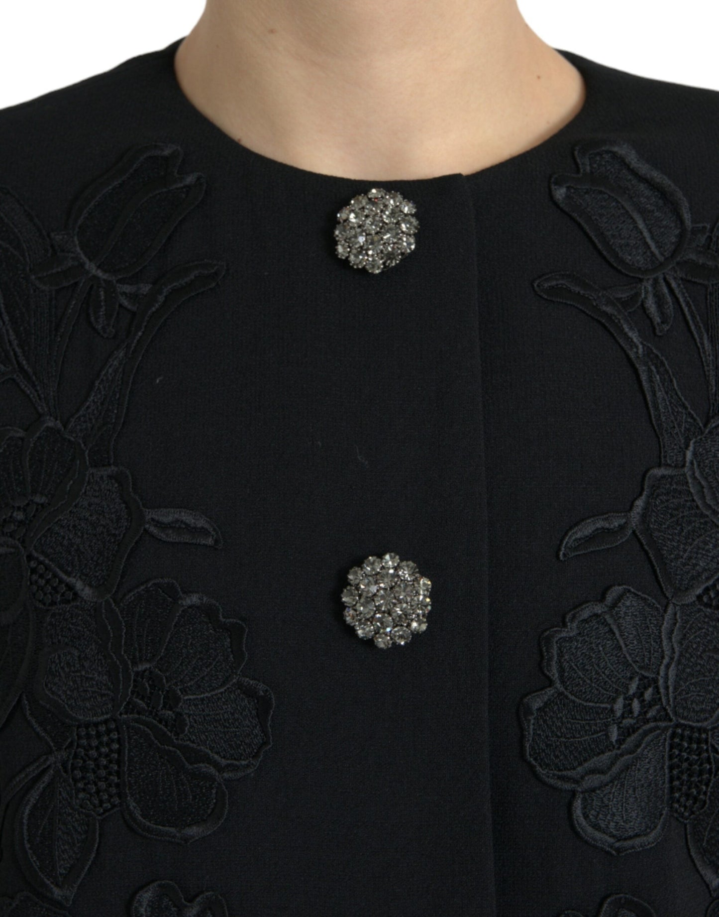 Dolce & Gabbana Black Floral Wool Button Embellished Women's Jacket