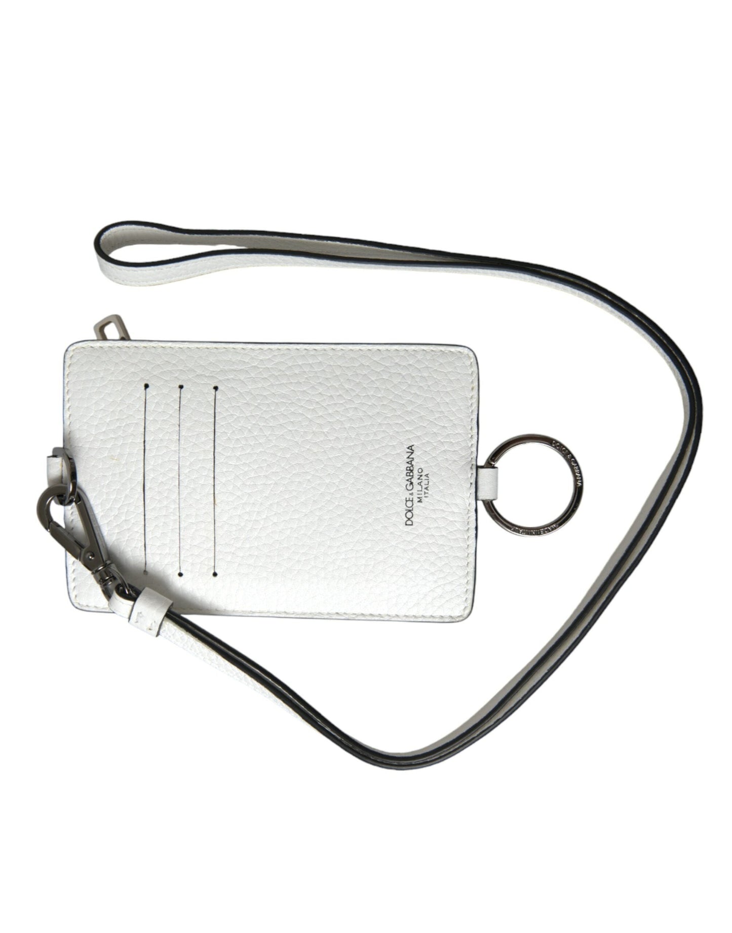 Dolce & Gabbana White Calf Leather Lanyard Logo Card Holder Men's Wallet