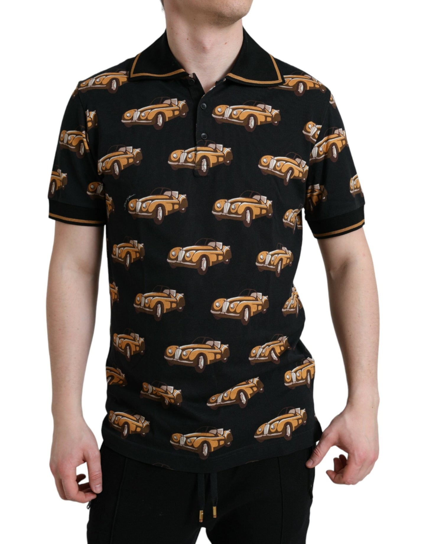 Dolce & Gabbana Black Car Print Short Sleeve Polo Men's T-shirt