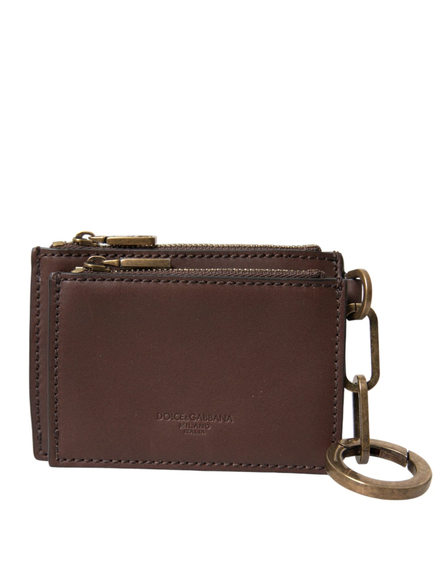 Dolce & Gabbana Brown Leather Zip Logo Keyring Coin Purse Keyring Men's Wallet