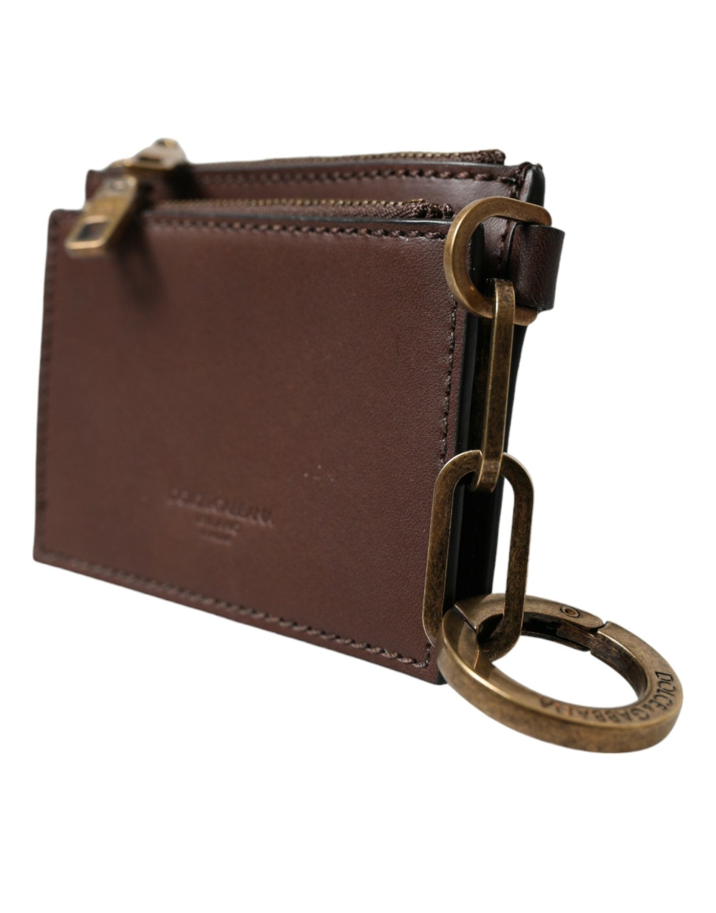Dolce & Gabbana Brown Leather Zip Logo Keyring Coin Purse Keyring Men's Wallet