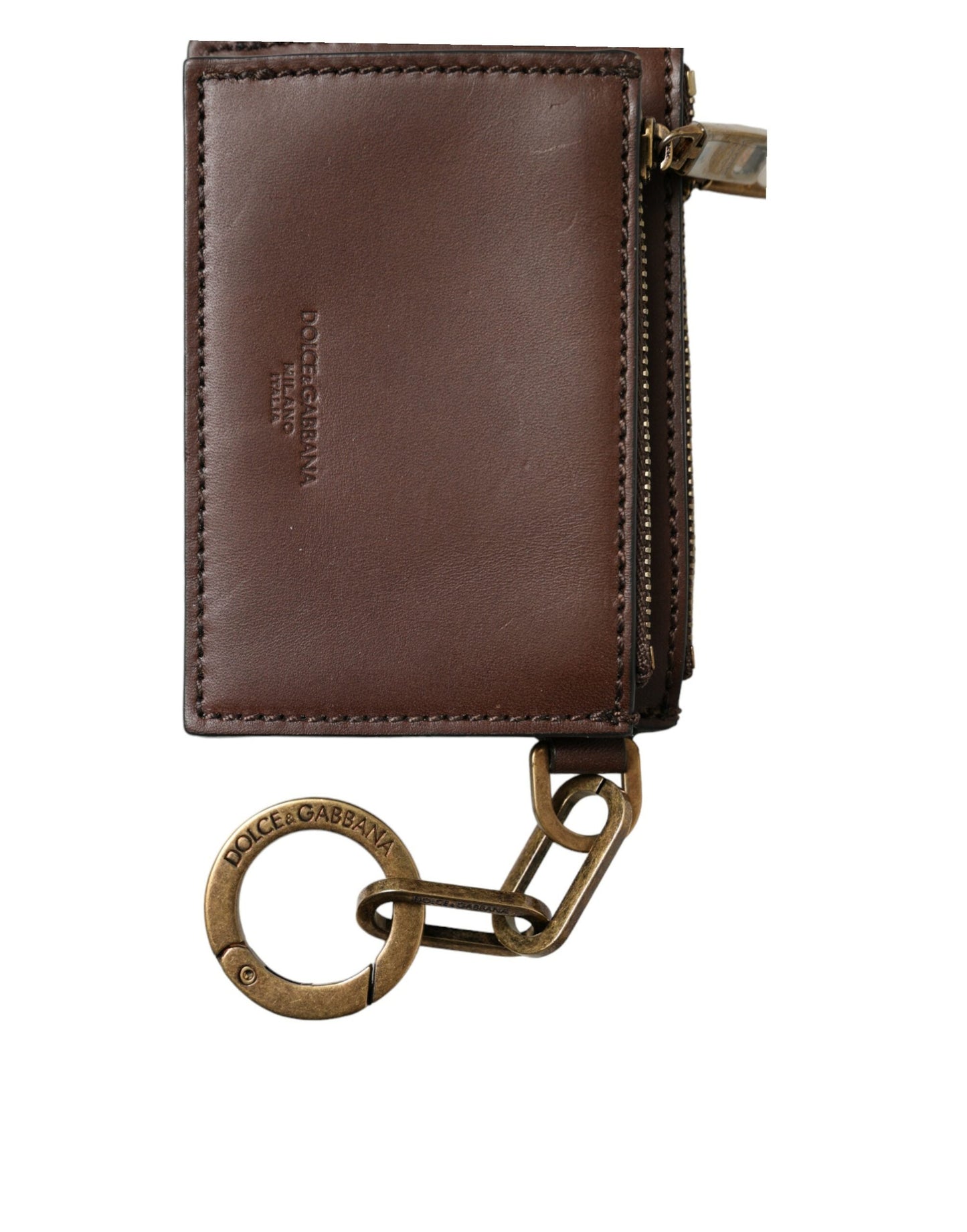 Dolce & Gabbana Brown Leather Zip Logo Keyring Coin Purse Keyring Men's Wallet