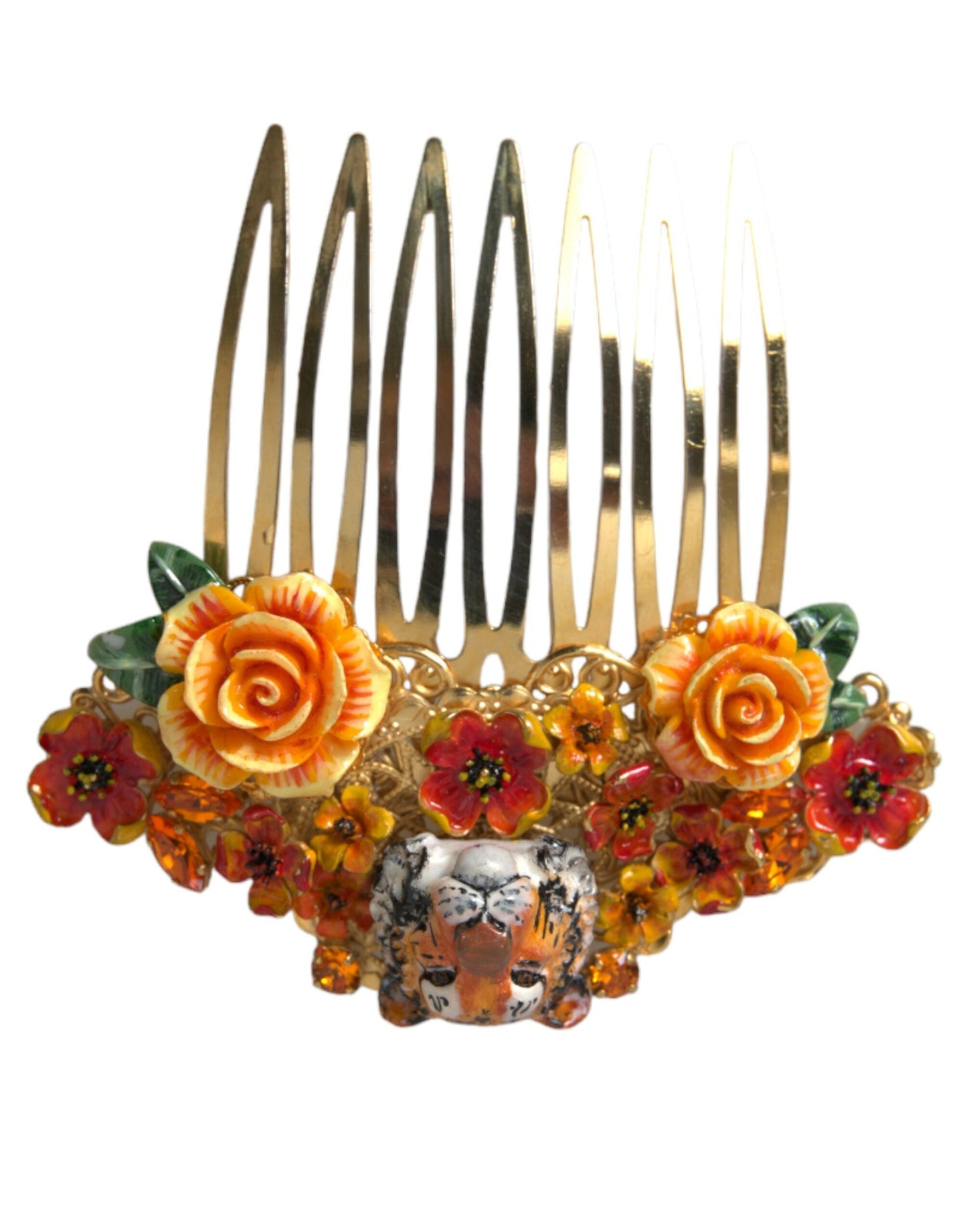 Dolce & Gabbana Gold Brass Crystal Leopard Floral Hair Women's Comb