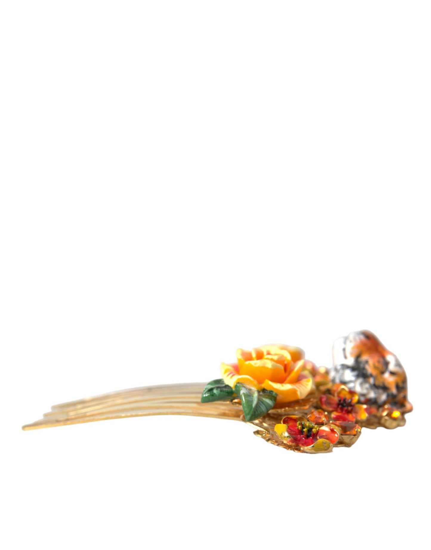 Dolce & Gabbana Gold Brass Crystal Leopard Floral Hair Women's Comb