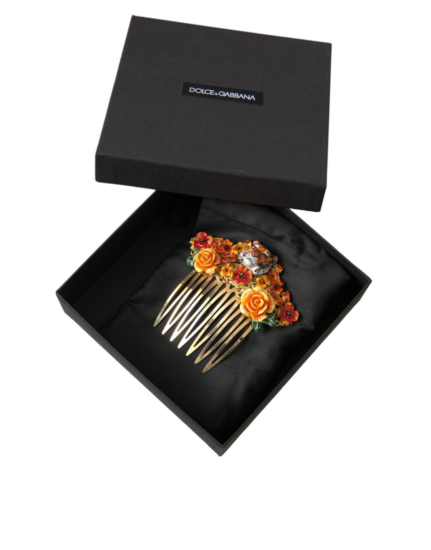 Dolce & Gabbana Gold Brass Crystal Leopard Floral Hair Women's Comb