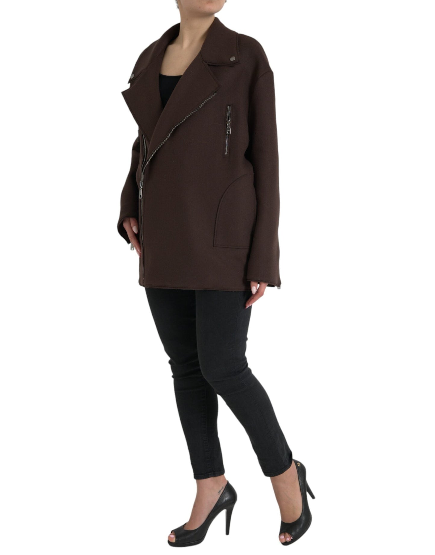 Dolce & Gabbana Brown Coat Short Biker Wool Women's Jacket