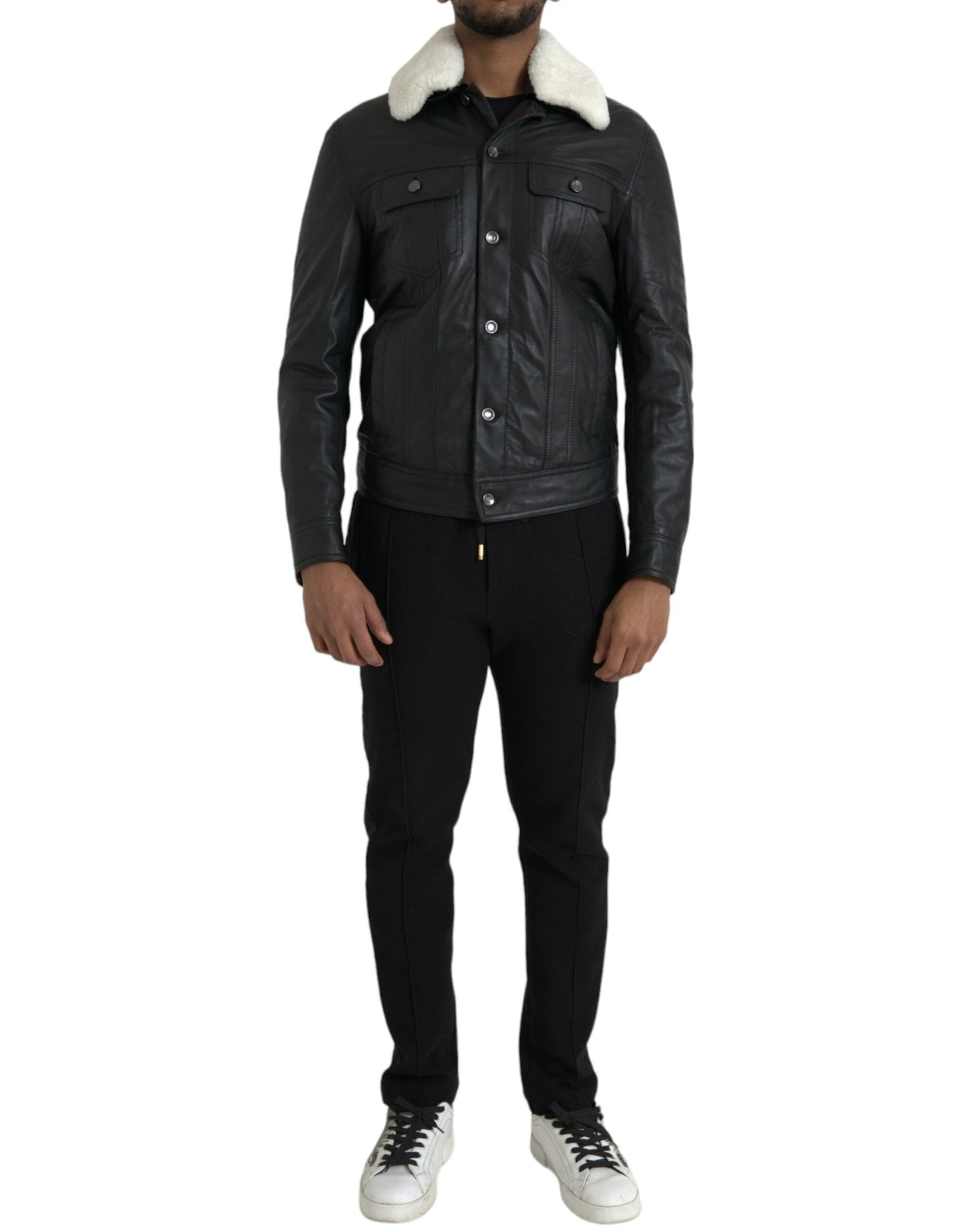 Dolce & Gabbana Black Leather Fur Collar Biker Coat Men's Jacket