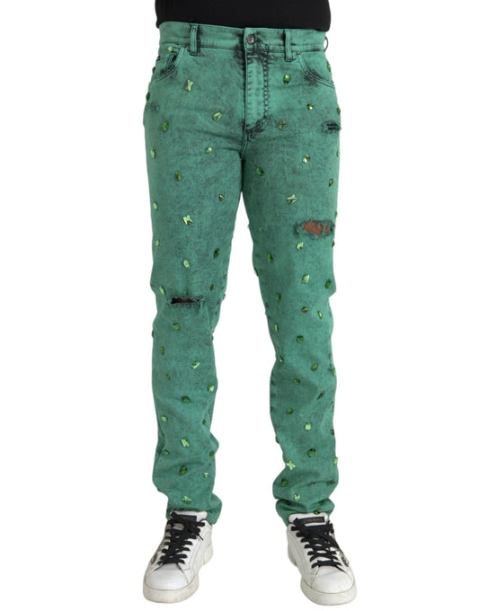 Dolce & Gabbana Green Crystals Cotton Stretch Slim Men's Jeans