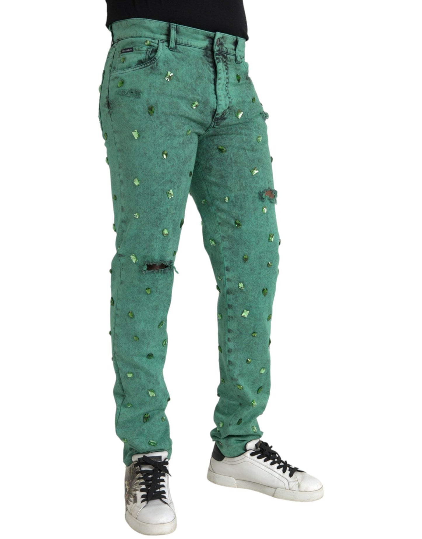 Dolce & Gabbana Green Crystals Cotton Stretch Slim Men's Jeans