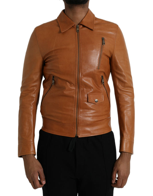 Dolce & Gabbana Brown Lamb Leather Full Zip Blouson Men's Jacket