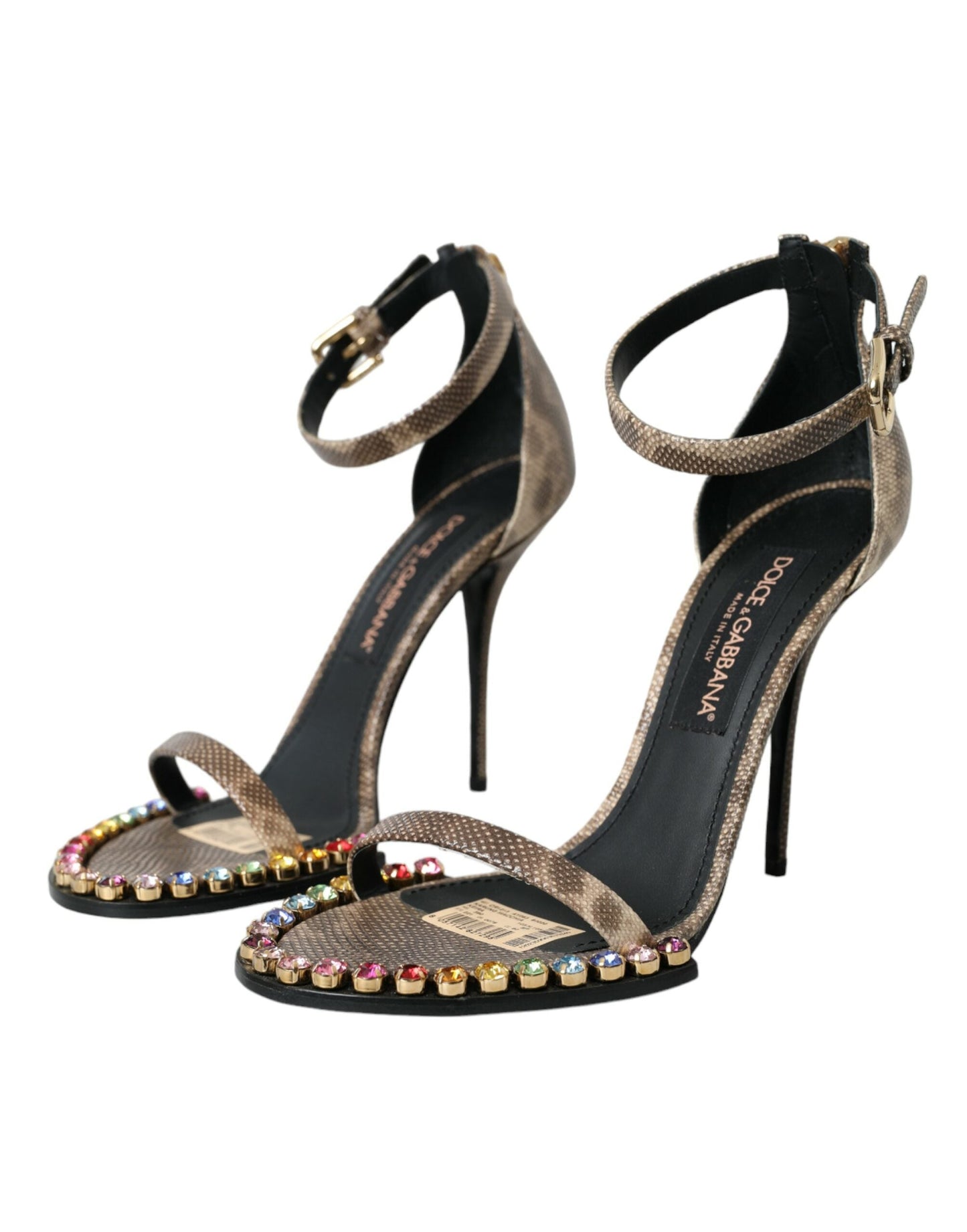 Dolce & Gabbana Brown Exotic Leather Crystal Sandals Women's Shoes