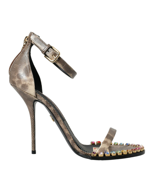 Dolce & Gabbana Brown Exotic Leather Crystal Sandals Women's Shoes