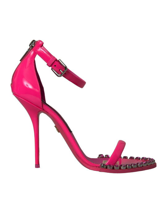 Dolce & Gabbana Pink Leather Crystal Heels Sandals Women's Shoes