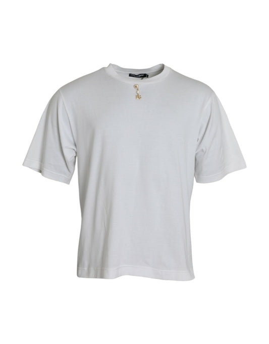 Dolce & Gabbana White Embellished Cotton Crew Neck Men's T-shirt