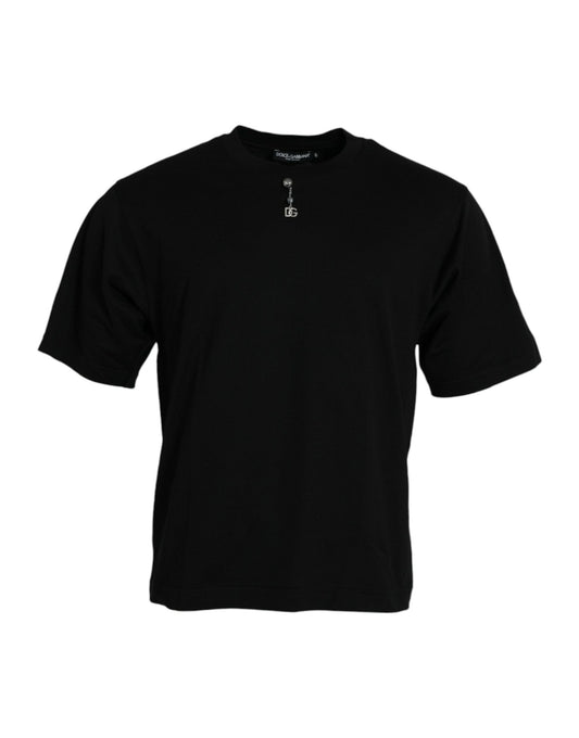 Dolce & Gabbana Black Embellished Cotton Crew Neck Men's T-shirt