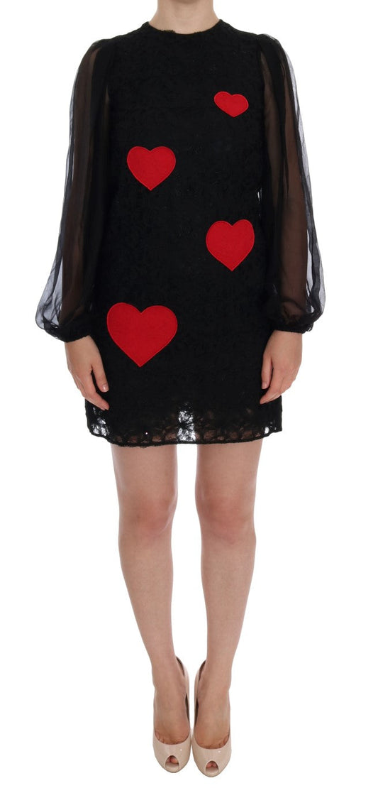 Dolce & Gabbana Black Lace Red Heart Shift Women's Dress