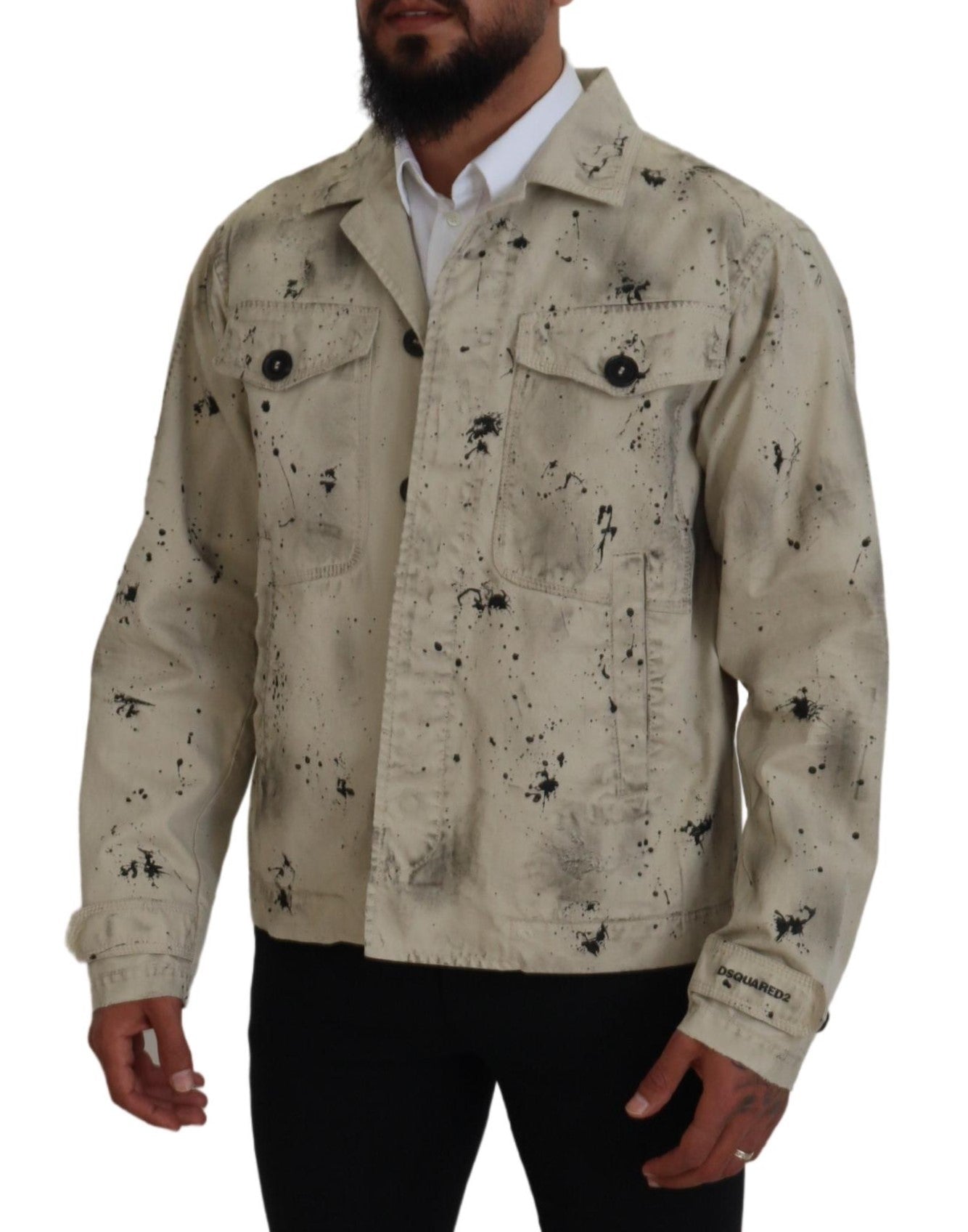 Dsquared�� Off White Black Splash Print Casual Denim Men's Jacket (Pre-Owned)