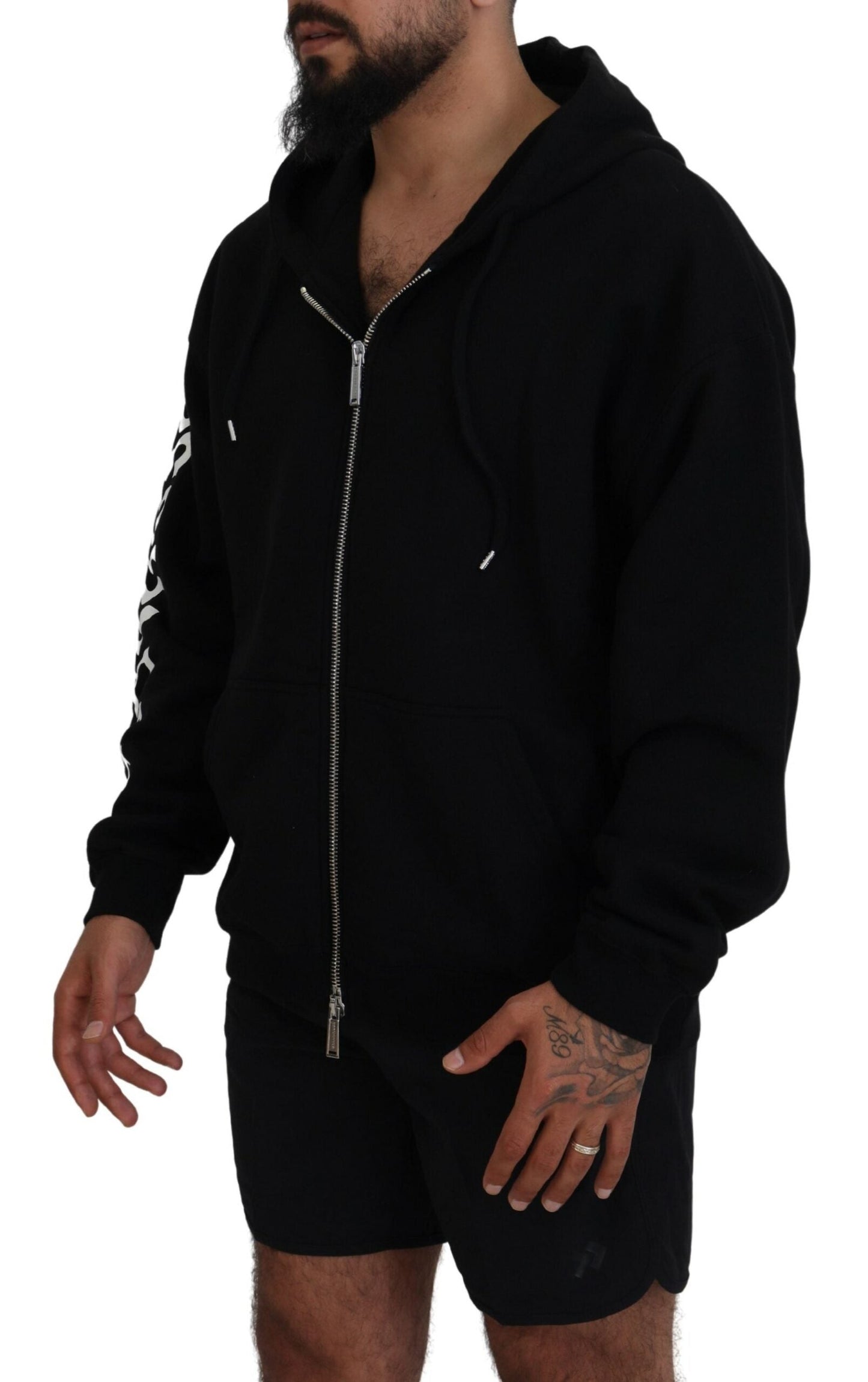 Dsquared�� Black Hooded Full Zip Printed Sleeves Men's Sweater (Pre-Owned)