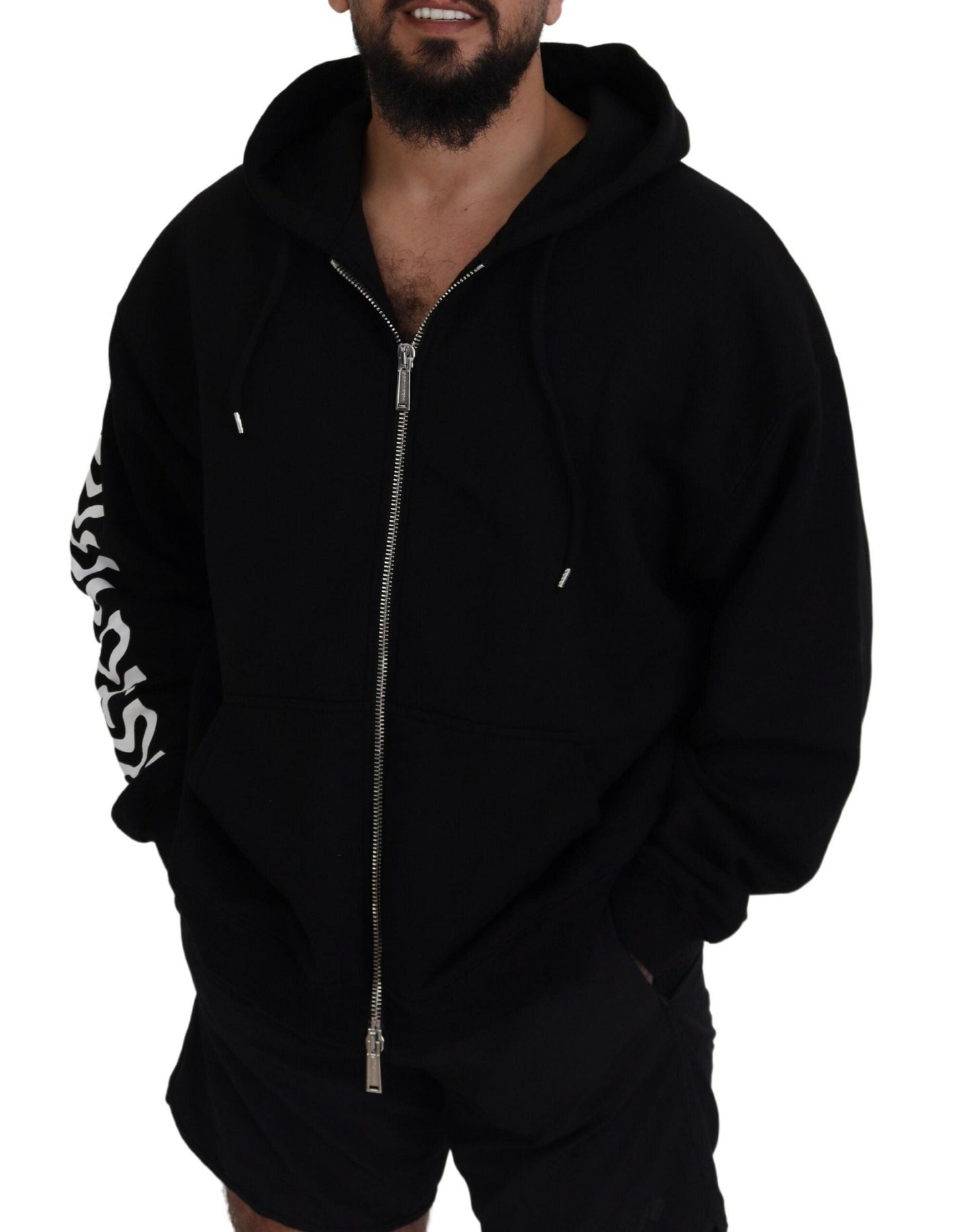 Dsquared�� Black Hooded Full Zip Printed Sleeves Men's Sweater (Pre-Owned)