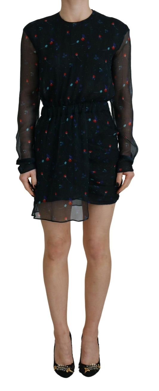 Dsquared�� Black Floral Silk Long Sleeves Sheath Mini Women's Dress (Pre-Owned)