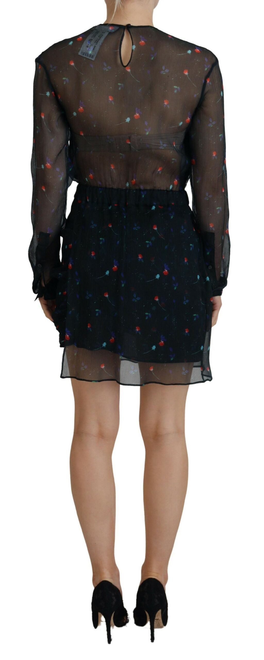 Dsquared�� Black Floral Silk Long Sleeves Sheath Mini Women's Dress (Pre-Owned)
