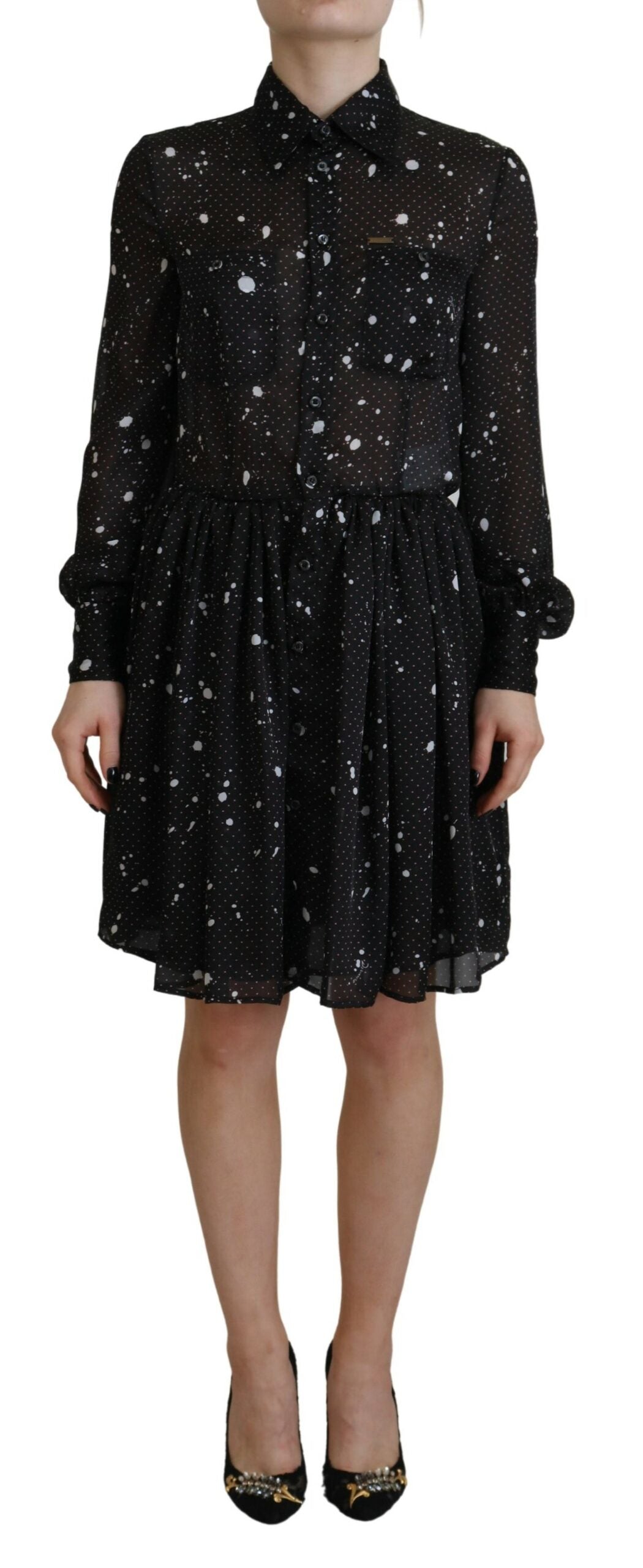 Dsquared�� Black Polka Dot Long Sleeves Button Down Women's Dress (Pre-Owned)