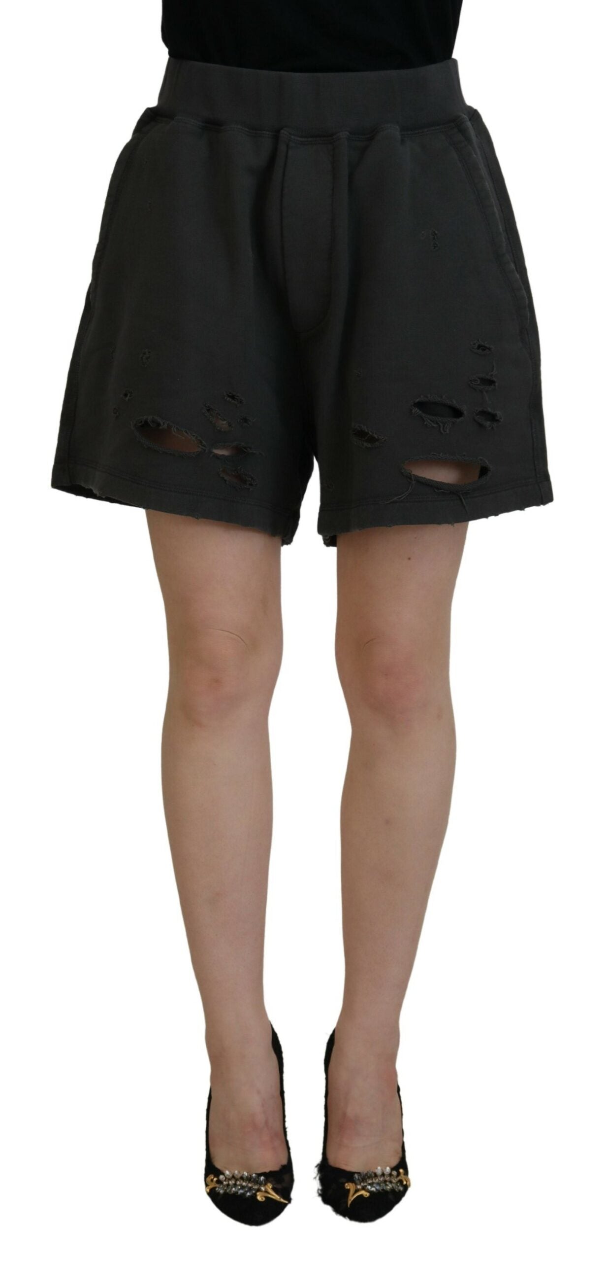 Dsquared�� Black Cotton Mid Waist Tattered Tapered Women's Shorts (Pre-Owned)