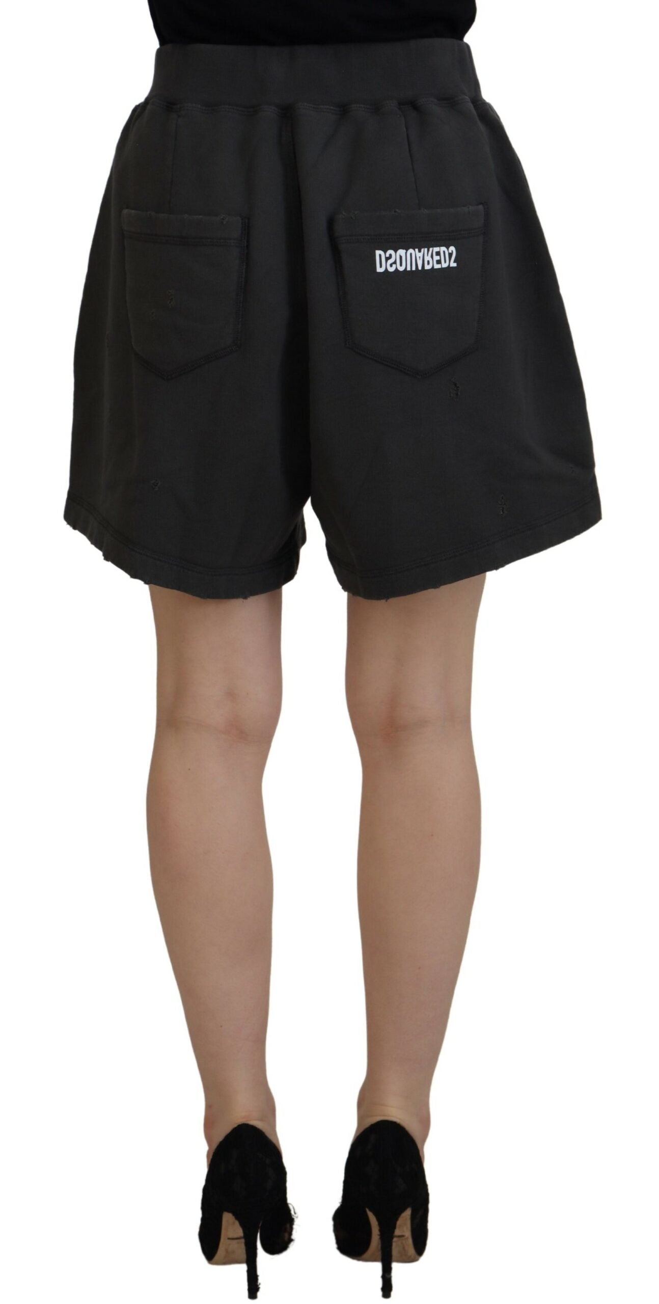 Dsquared�� Black Cotton Mid Waist Tattered Tapered Women's Shorts (Pre-Owned)