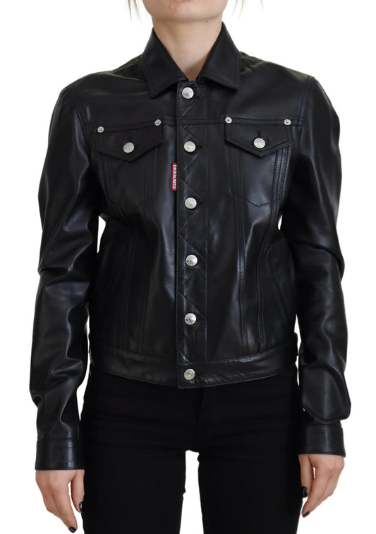 Dsquared�� Black Leather Collared Long Sleeves Women's Jacket (Pre-Owned)