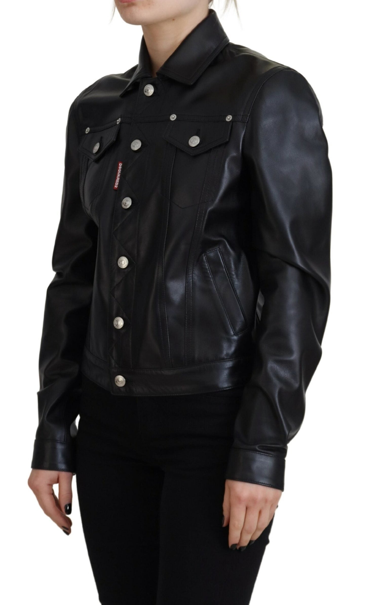 Dsquared�� Black Leather Collared Long Sleeves Women's Jacket (Pre-Owned)