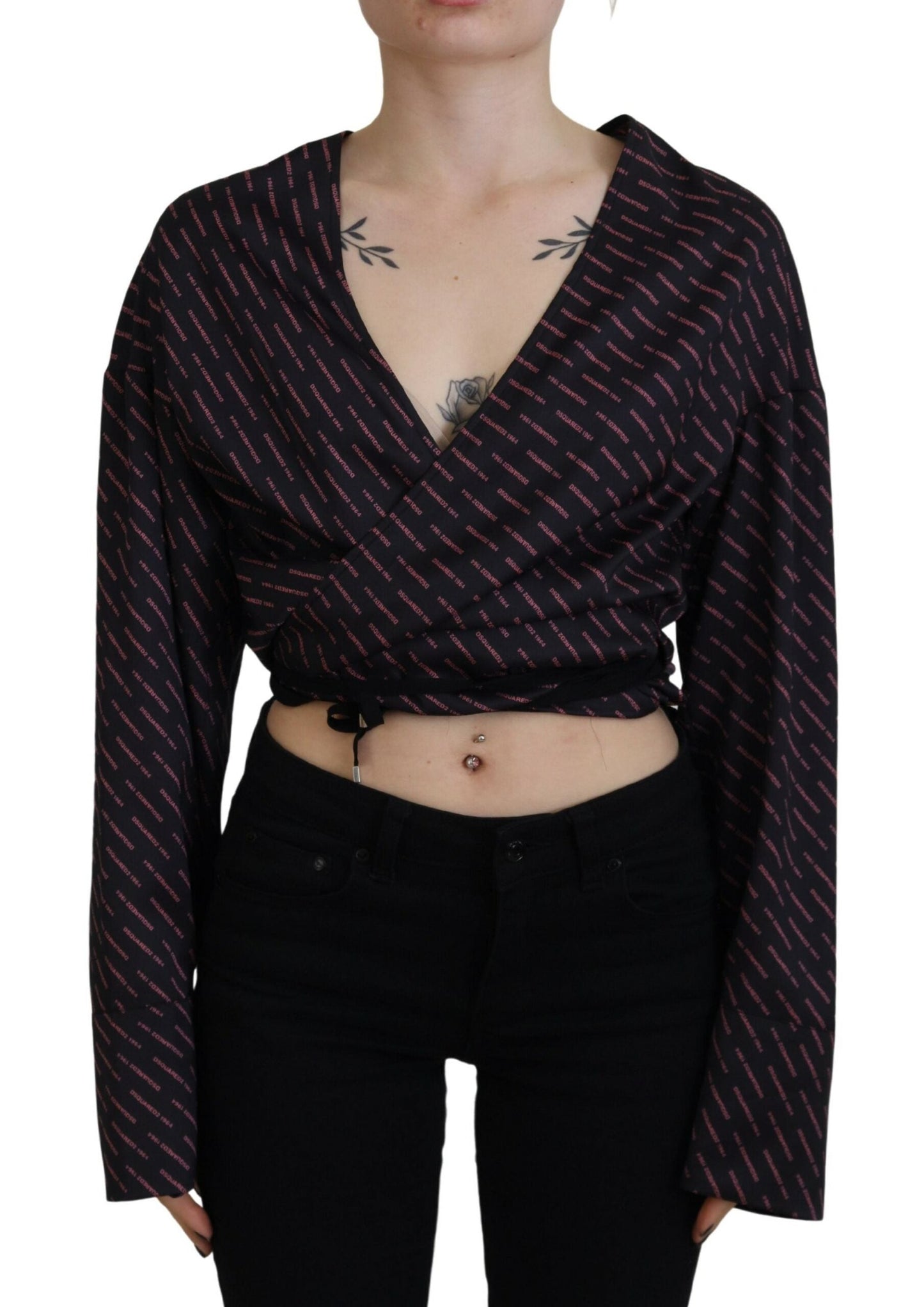 Dsquared�� Black Polyester Cropped Logo Printed Blouse Women's Top (Pre-Owned)