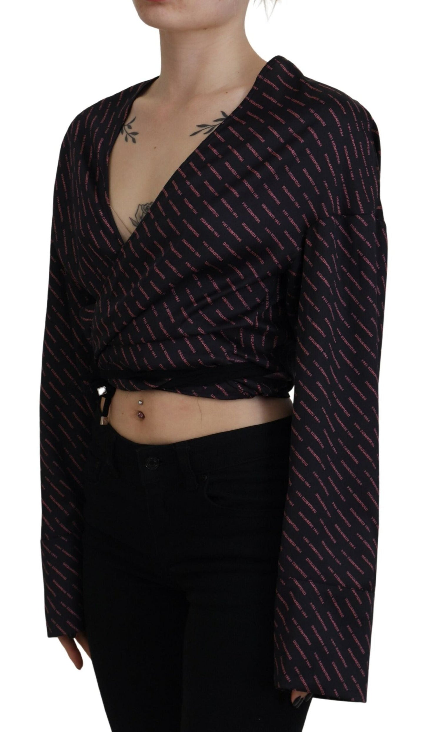 Dsquared�� Black Polyester Cropped Logo Printed Blouse Women's Top (Pre-Owned)