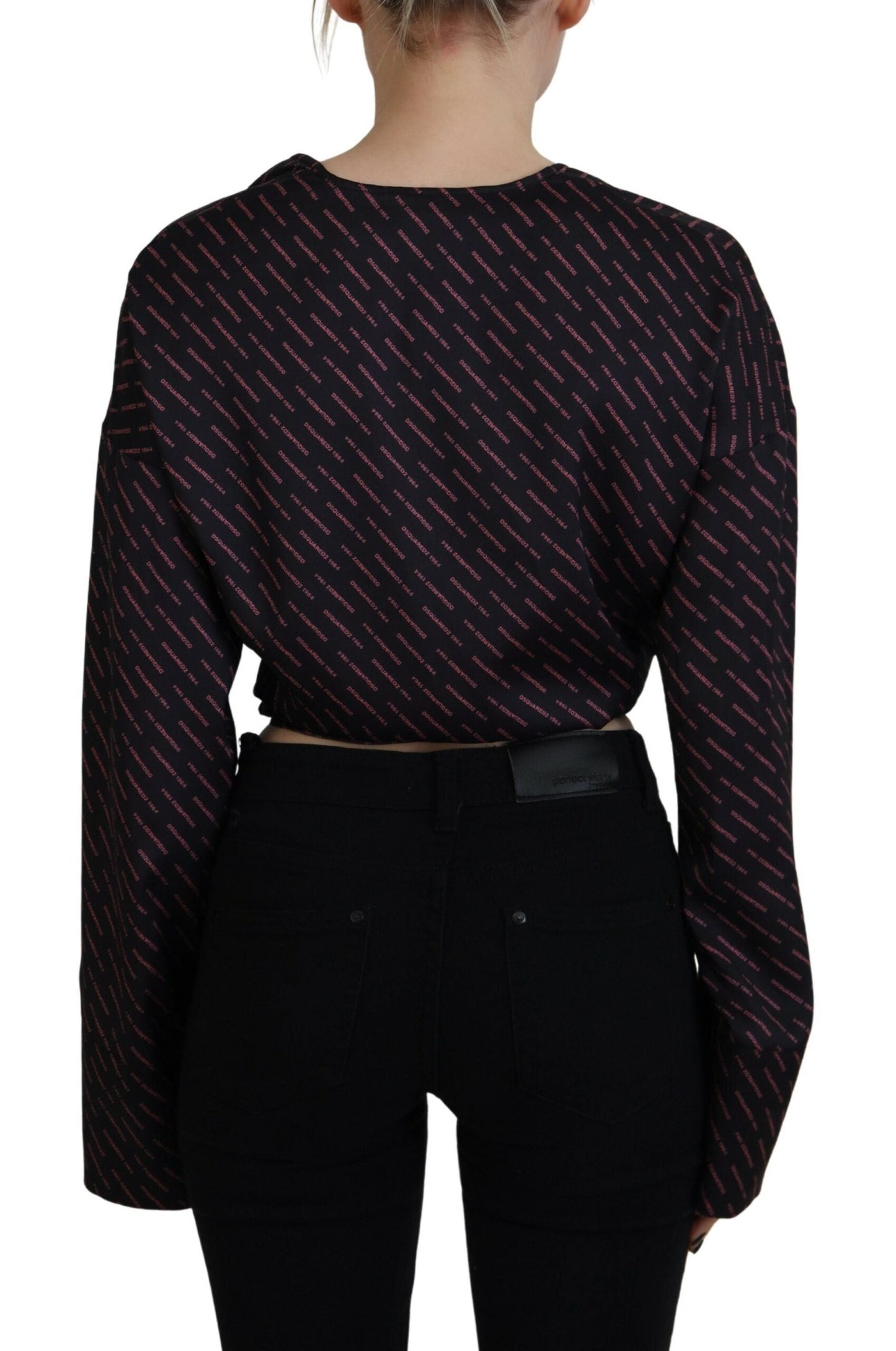 Dsquared�� Black Polyester Cropped Logo Printed Blouse Women's Top (Pre-Owned)