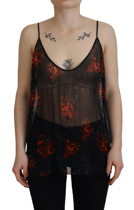 Dsquared�� Black Floral Print Spaghetti Strap Tank Blouse Women's Top (Pre-Owned)