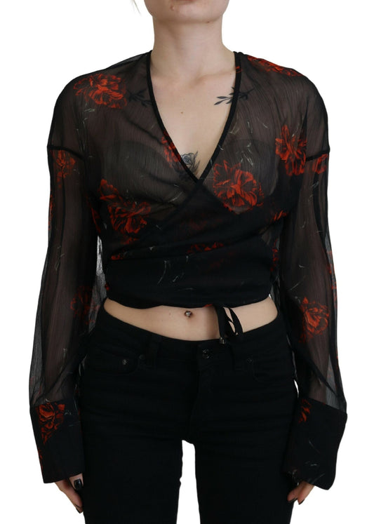 Dsquared�� Black Floral Print Cropped Wrap Long Sleeves Women's Top (Pre-Owned)
