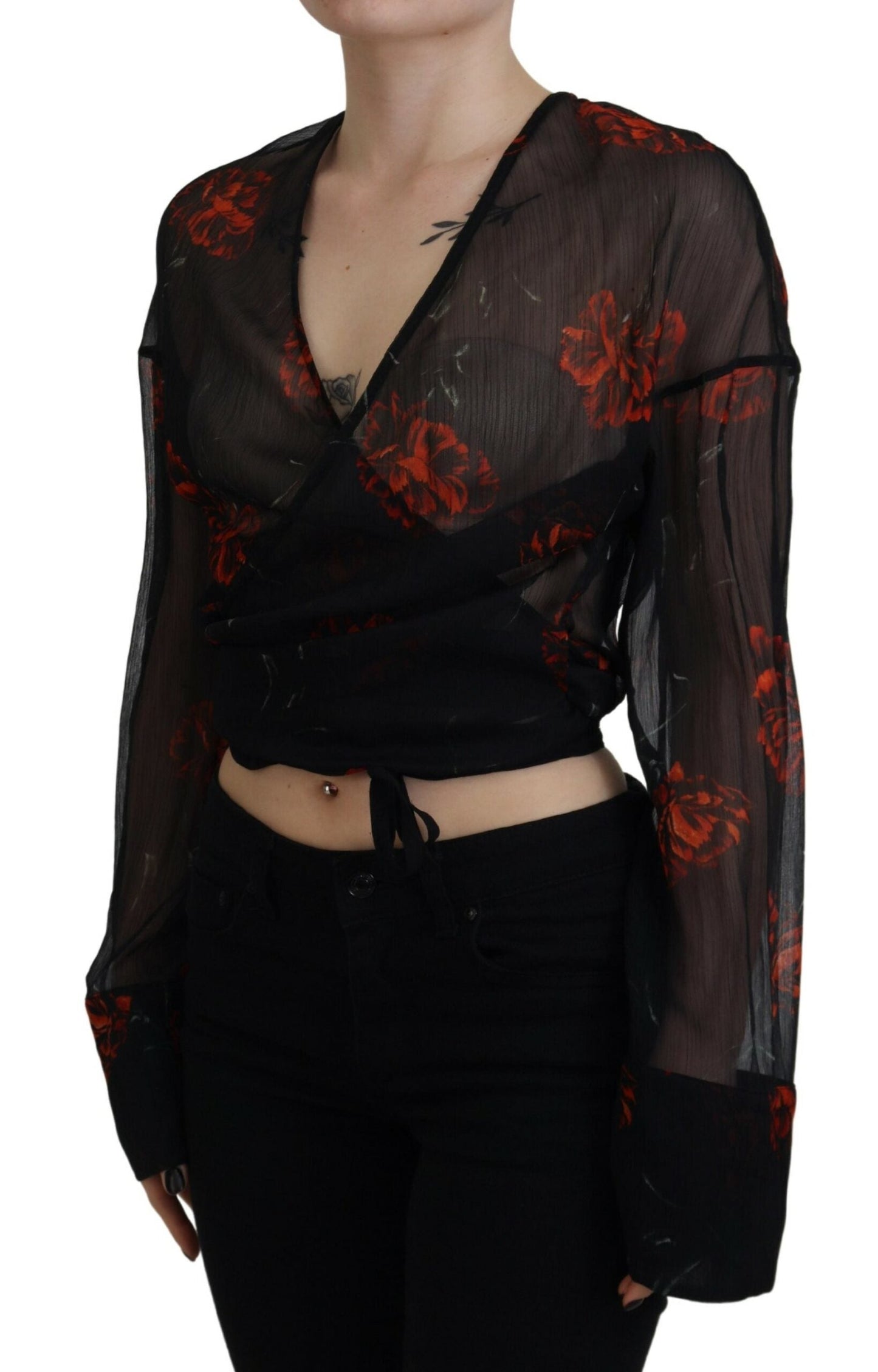 Dsquared�� Black Floral Print Cropped Wrap Long Sleeves Women's Top (Pre-Owned)