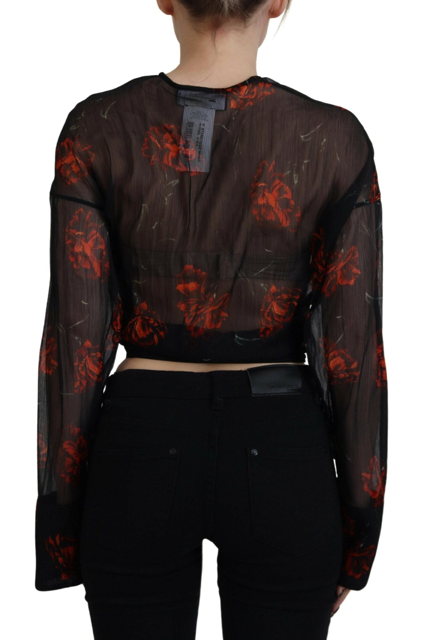 Dsquared�� Black Floral Print Cropped Wrap Long Sleeves Women's Top (Pre-Owned)