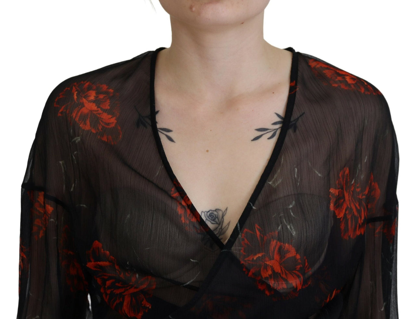 Dsquared�� Black Floral Print Cropped Wrap Long Sleeves Women's Top (Pre-Owned)