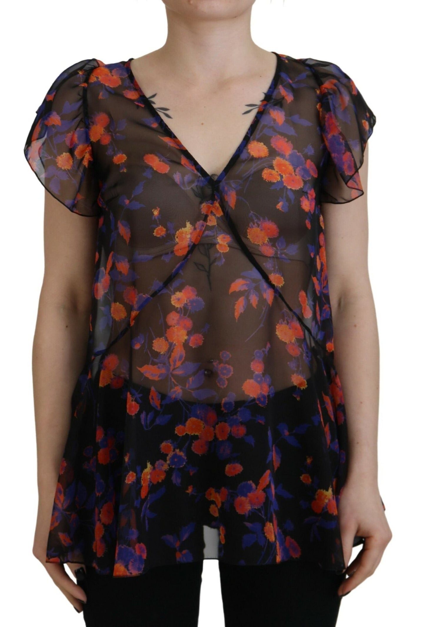Dsquared�� Black Floral Print Short Sleeves V-neck Blouse Women's Top (Pre-Owned)