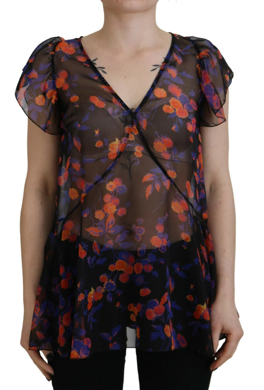 Dsquared�� Black Floral Print Short Sleeves V-neck Blouse Women's Top (Pre-Owned)