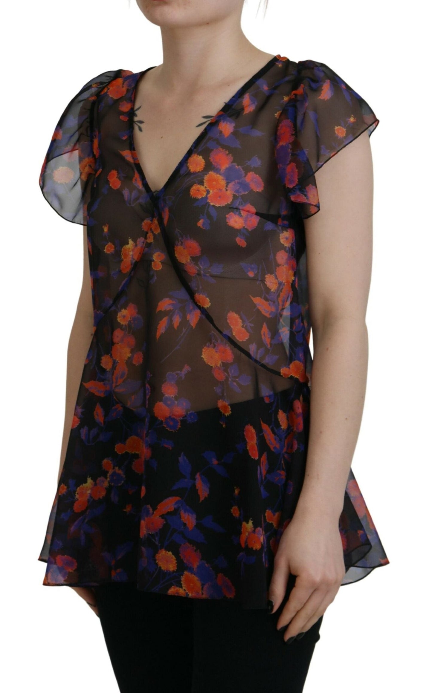 Dsquared�� Black Floral Print Short Sleeves V-neck Blouse Women's Top (Pre-Owned)