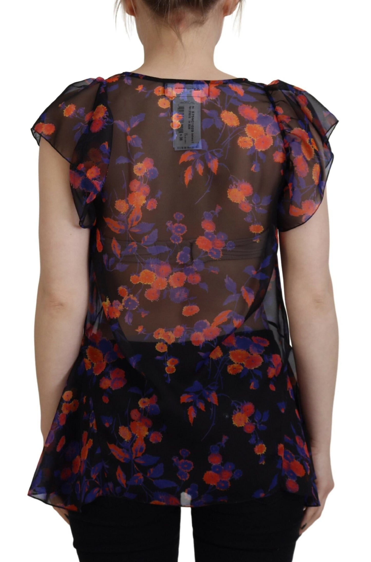 Dsquared�� Black Floral Print Short Sleeves V-neck Blouse Women's Top (Pre-Owned)