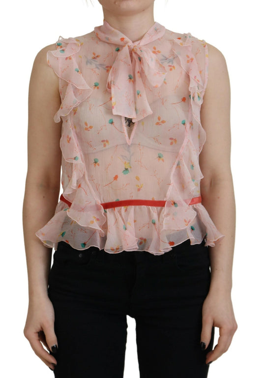 Dsquared�� Pink Floral Print Silk Sleeveless Ascot Collar Women's Top (Pre-Owned)